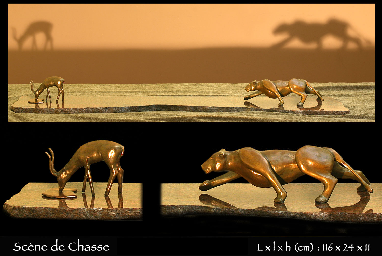 statue en bronze d'une lionne chassant une gazelle dans la savane