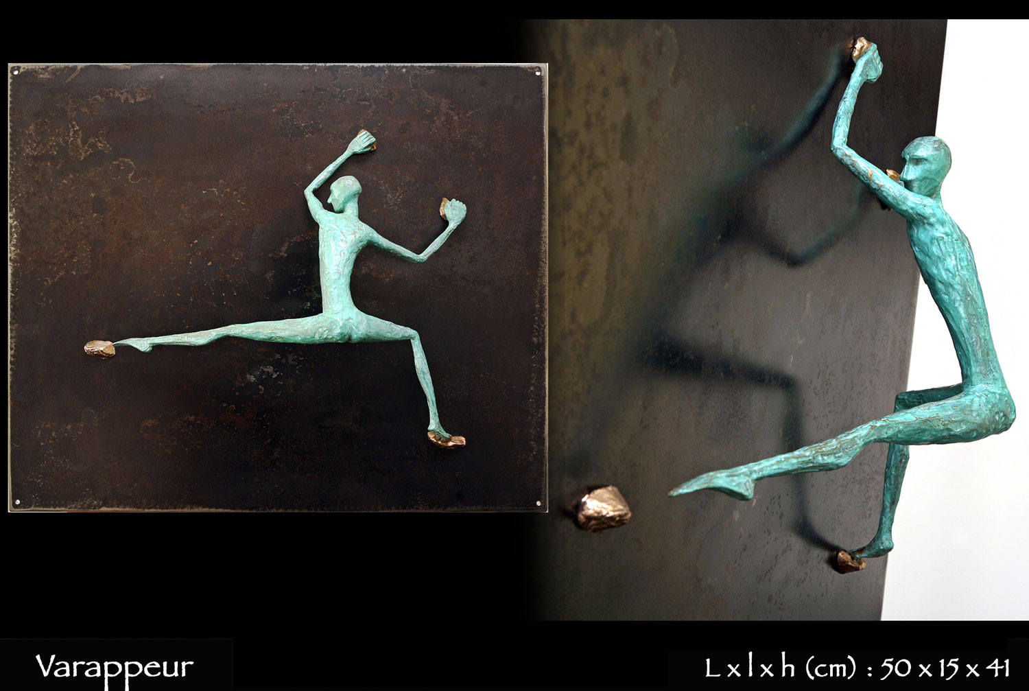 Personnage en bronze faisant de la varappe sur une paroi en métal